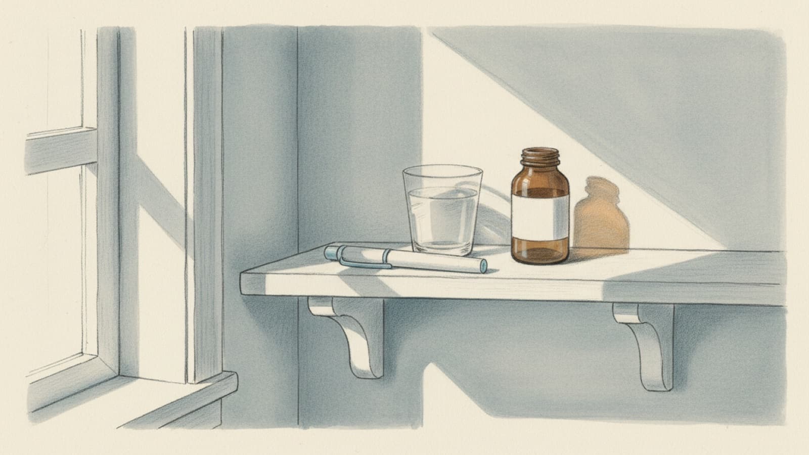 An injection pen and a small tablet bottle on a bathroom shelf side by side, a glass of water between them, morning light