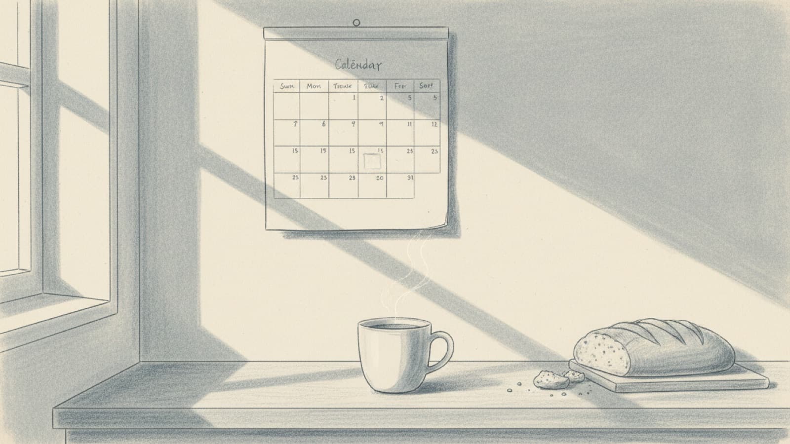 A wall calendar in a kitchen with one day left unmarked among a row of small ticks, a coffee cup on the counter below