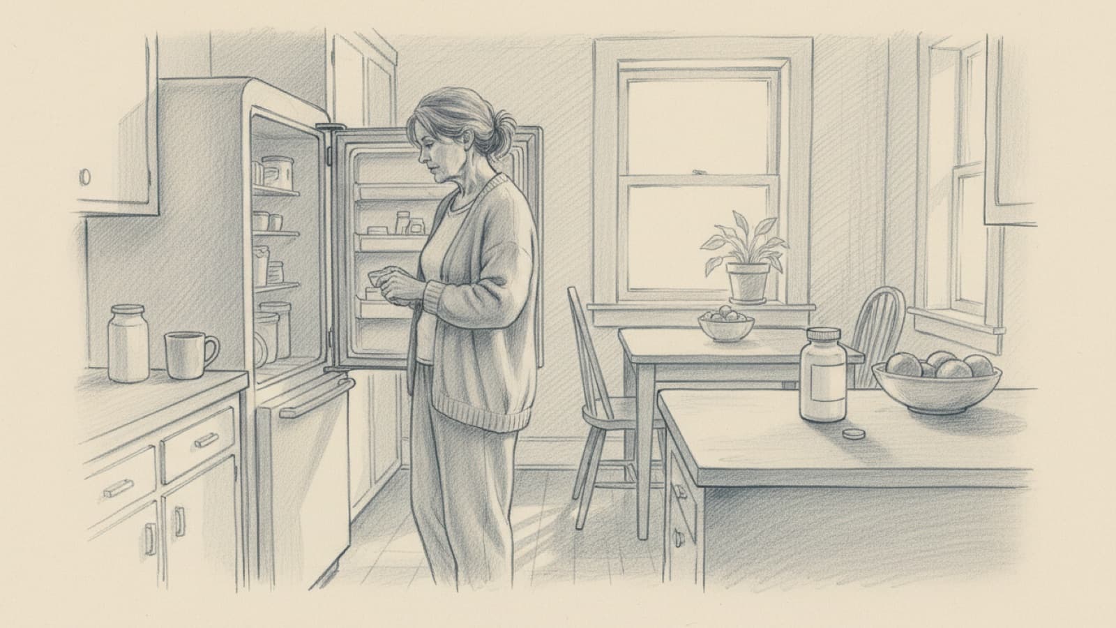 A woman in her fifties standing at an open fridge in the evening, thoughtful, a small tablet bottle visible on the counter behind her