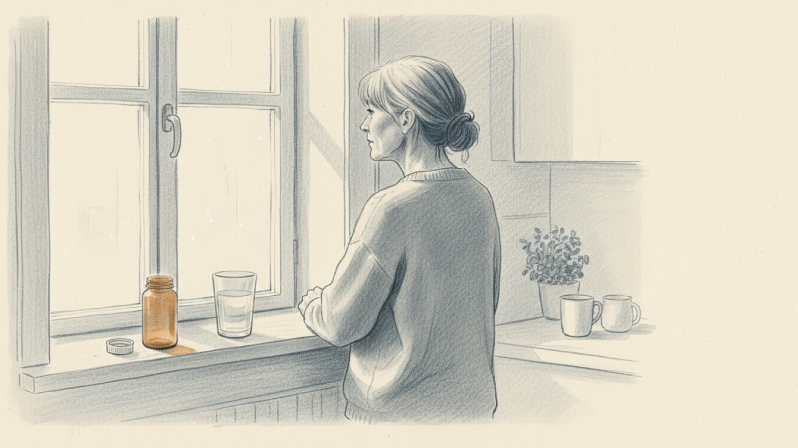 An empty tablet bottle on a kitchen windowsill next to a full glass of water, a woman in her fifties looking out of the window, soft light