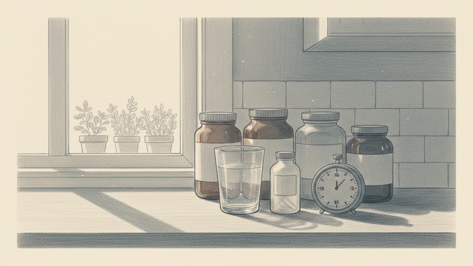 A row of supplement jars on a kitchen counter behind a small tablet bottle and a glass of water, a kitchen timer in front, morning light