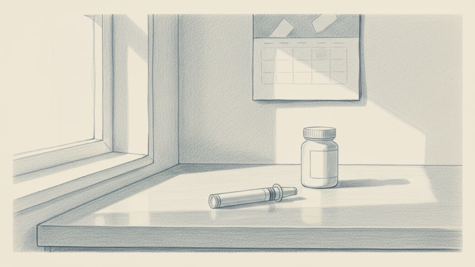 An injection pen and a small tablet bottle side by side on a kitchen counter, a wall calendar behind them, morning light