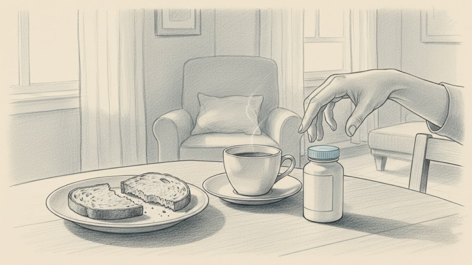A breakfast plate with toast half eaten, a coffee cup, and a small tablet bottle standing beside them, a woman's hand paused over it