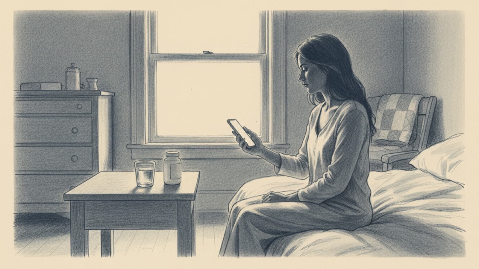 A dark bedroom before dawn, a small glass of water and a tablet bottle on the nightstand lit by a phone screen, a woman reaching for them