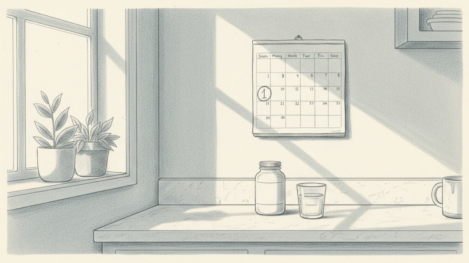 A fresh calendar page on a kitchen wall with the first day circled, a new tablet bottle and a small glass of water on the counter below, morning light