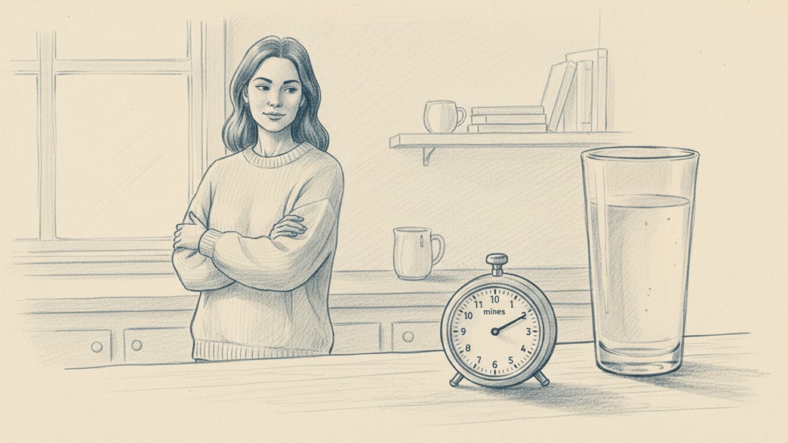A tall glass of water set on the far side of a kitchen counter, a kitchen timer counting down in front, a woman waiting with her arms folded