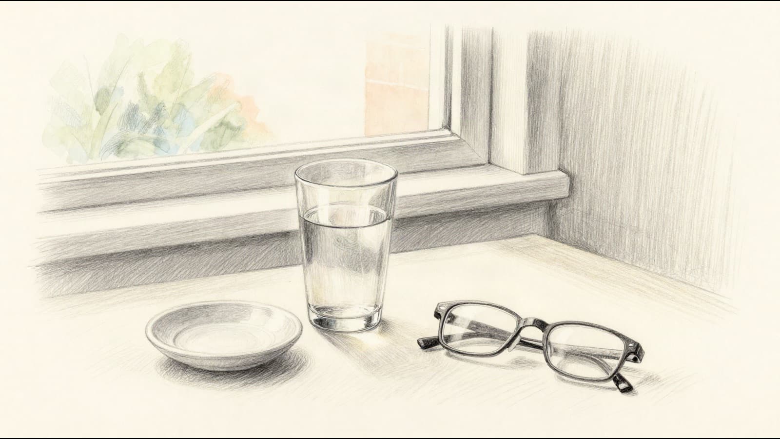 A glass of water, a small empty ceramic dish and a pair of reading glasses on a bedside table in early morning light