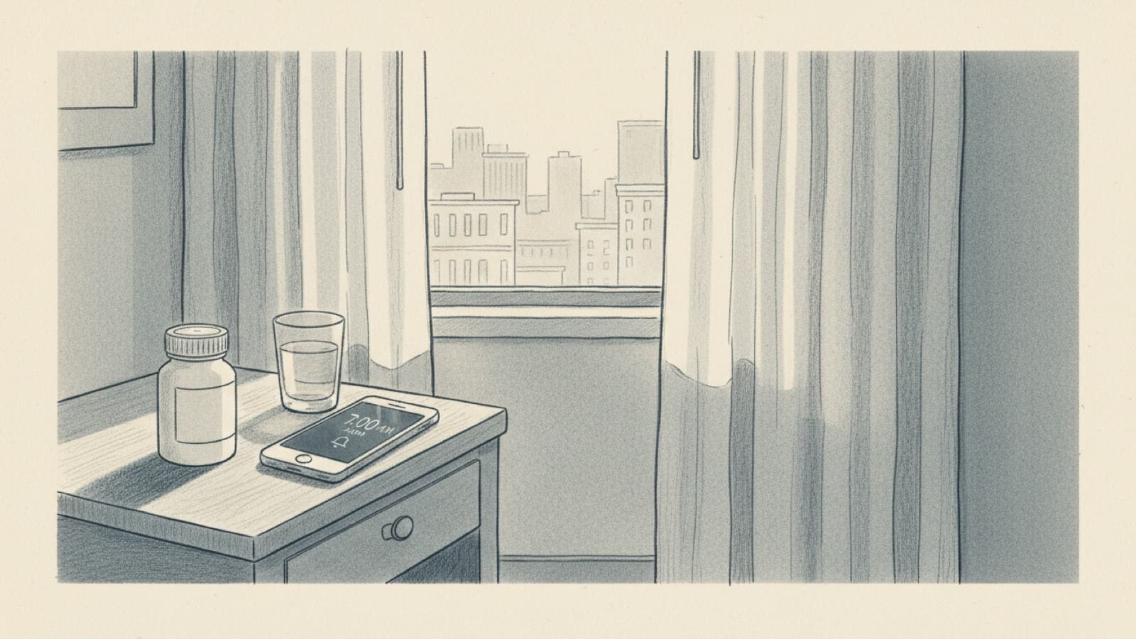 A hotel nightstand with a small tablet bottle, a glass of water and a phone showing an alarm, curtains half open on an unfamiliar skyline
