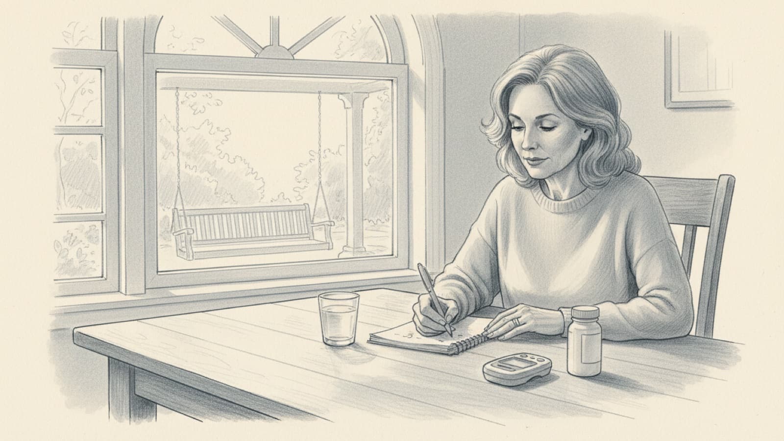 A glucose meter, a small tablet bottle and a glass of water on a kitchen table, a woman in her fifties writing a number in a notebook