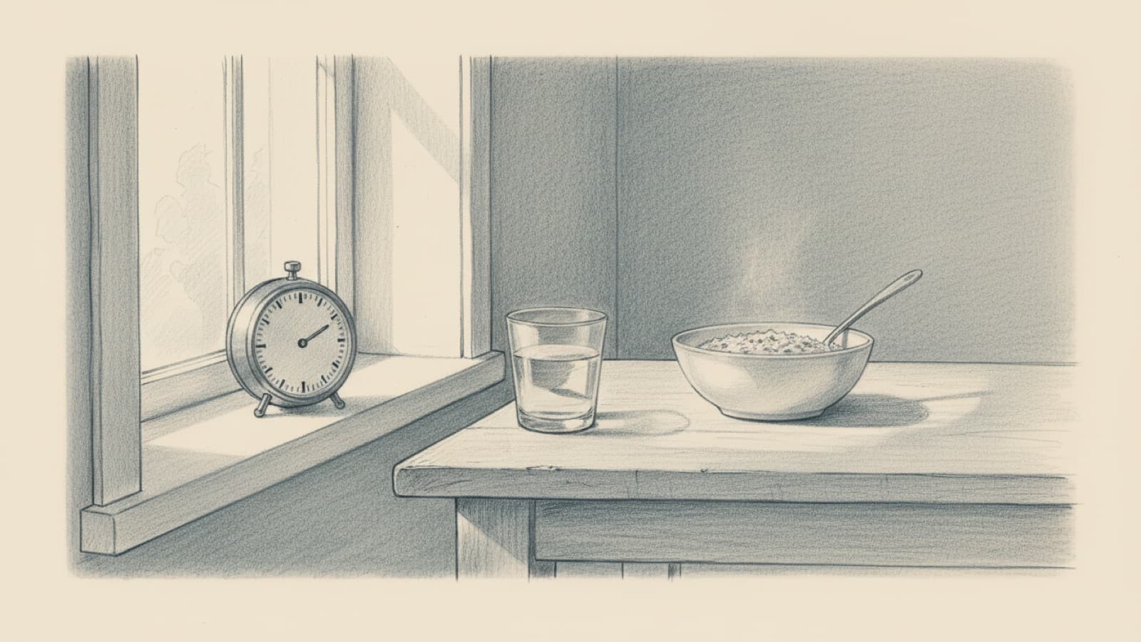 A kitchen timer and a glass of water on a windowsill, a bowl of oatmeal waiting on the table behind, early light