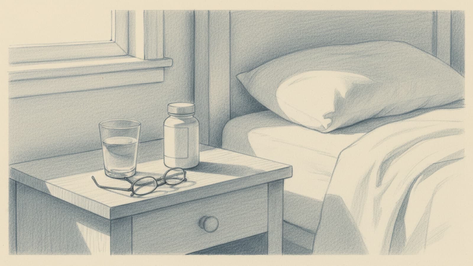 A small glass of water on a nightstand next to a tablet bottle, early morning