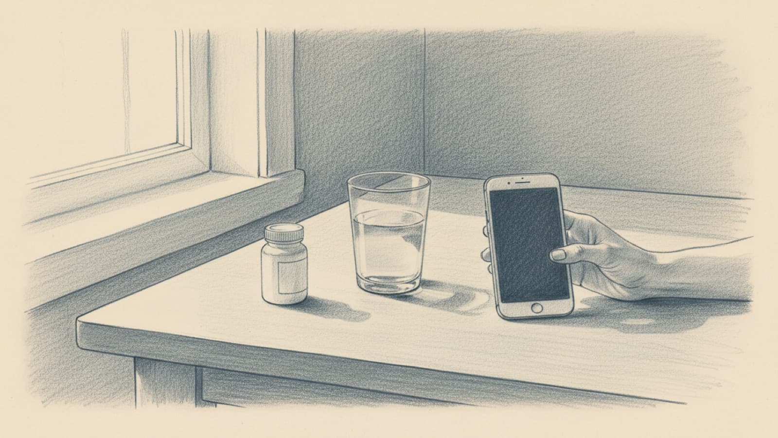 A phone resting on a kitchen table next to a glass of water and a small tablet bottle, a woman's hand reaching for it, quiet light