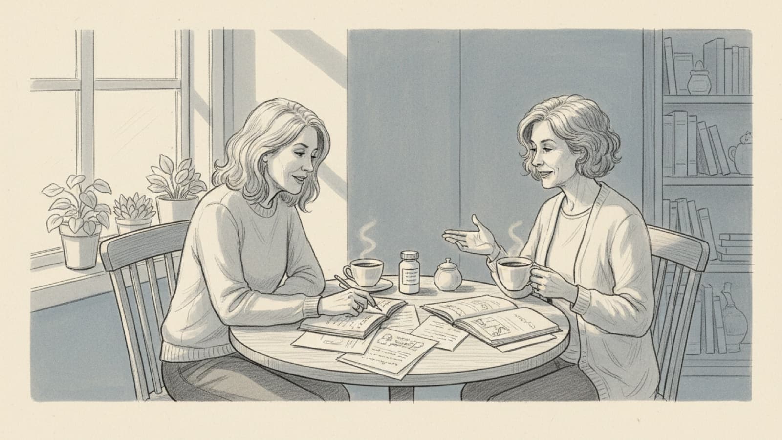Two women in their fifties at a café table comparing notes over coffee cups, a small tablet bottle between them, daylight